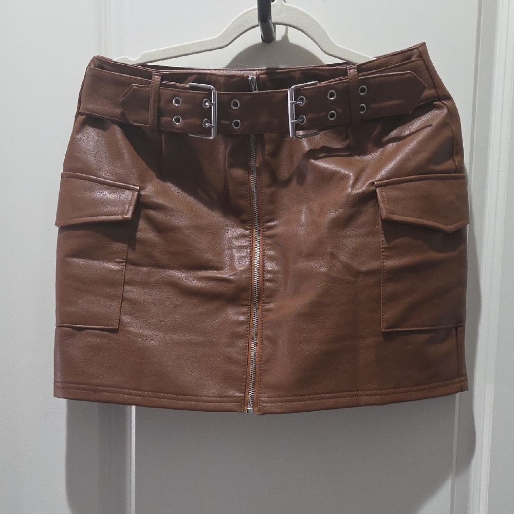 Brown Faux Leather Skirt with Belt